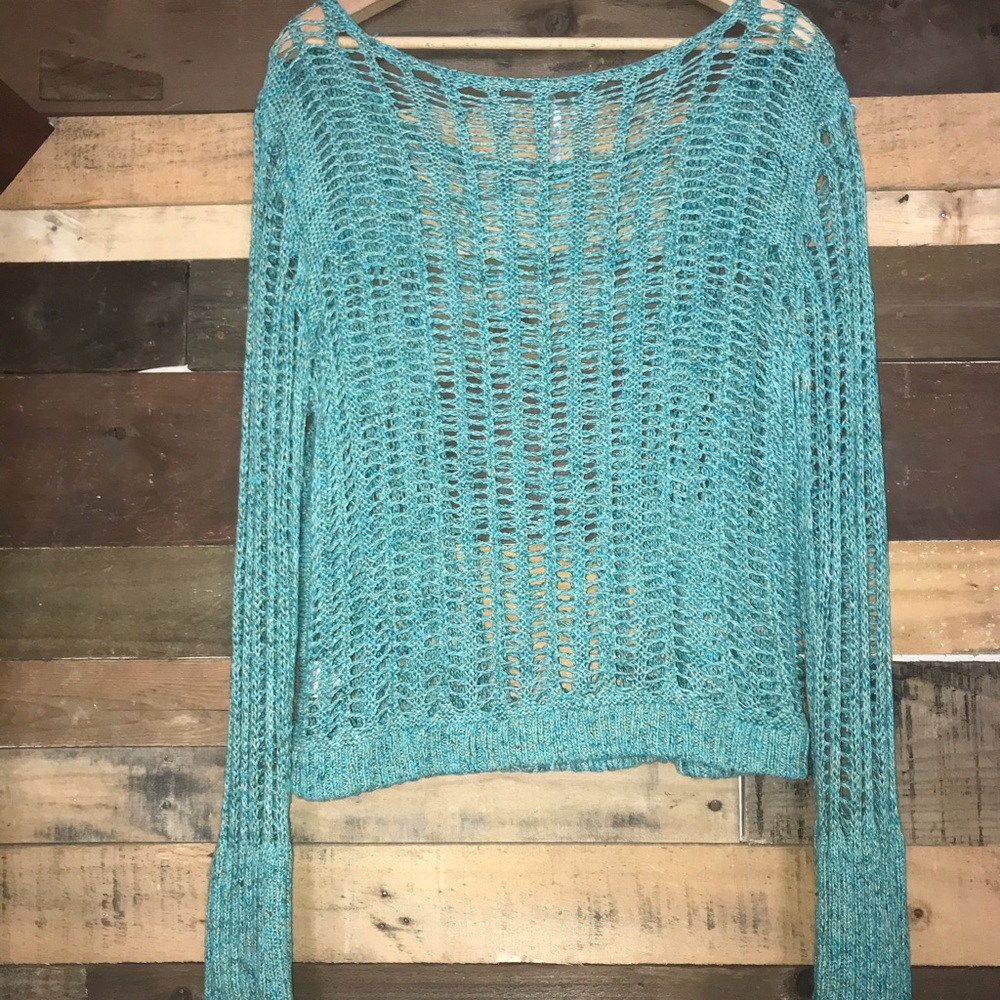 Free People Turquoise Open Knit Crop Sweater - Picture 4 of 7